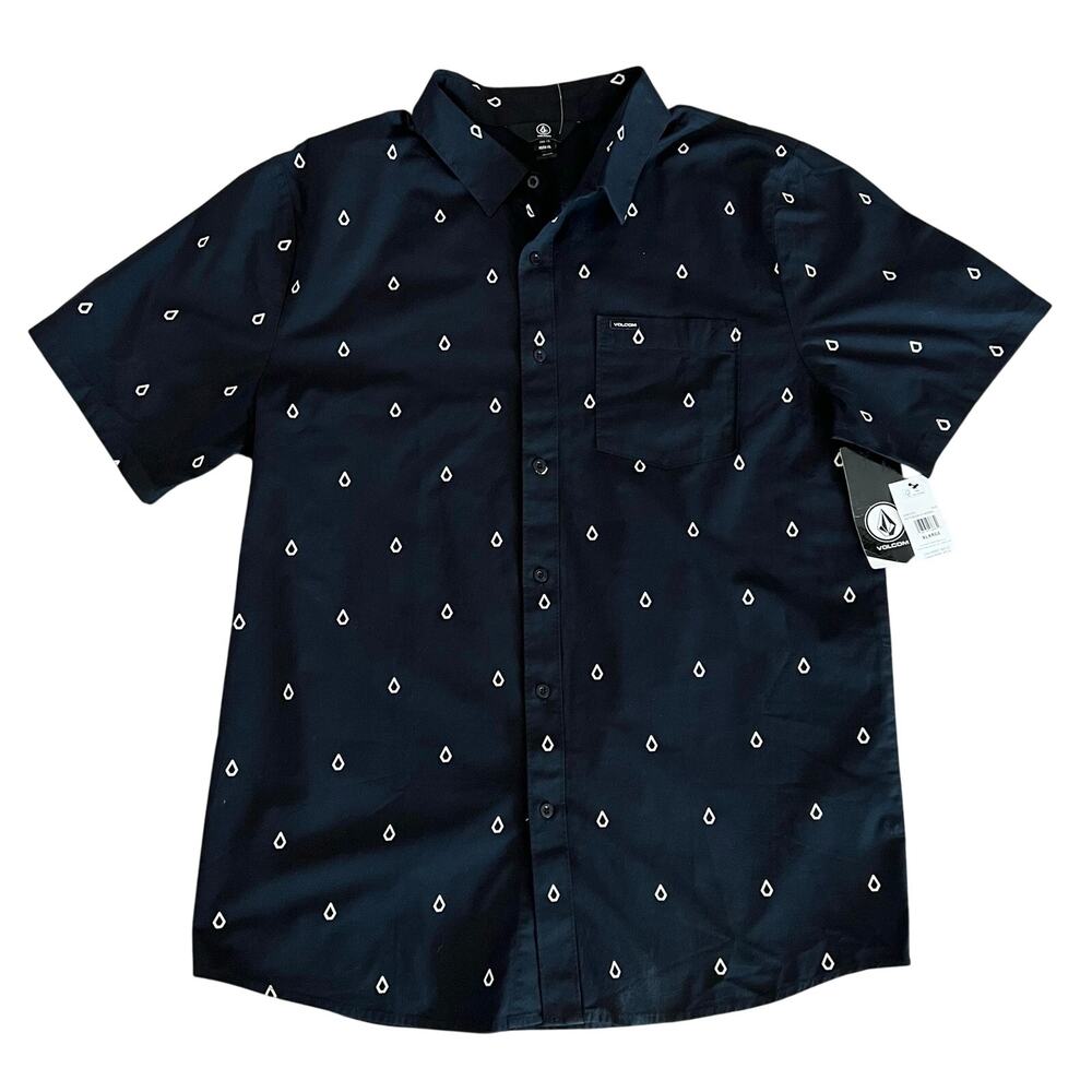 NWT VOLCOM Men's Logo Shirt Sz XL PATTERSON Button Up Short Sleeve Camp Black